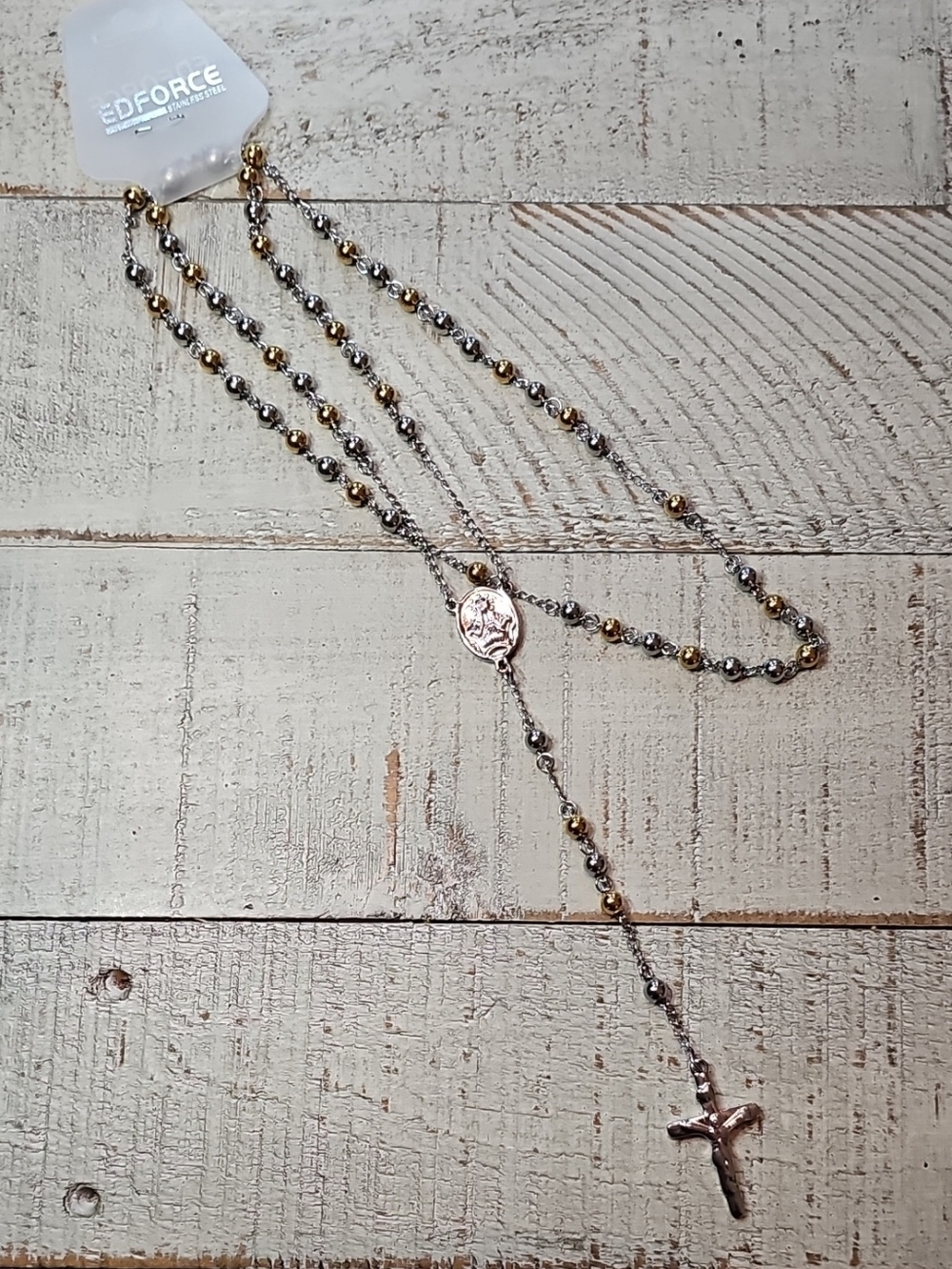 EDFORCE Stainless Steel Two-Tone Rosary Necklace Silver & Gold NWT